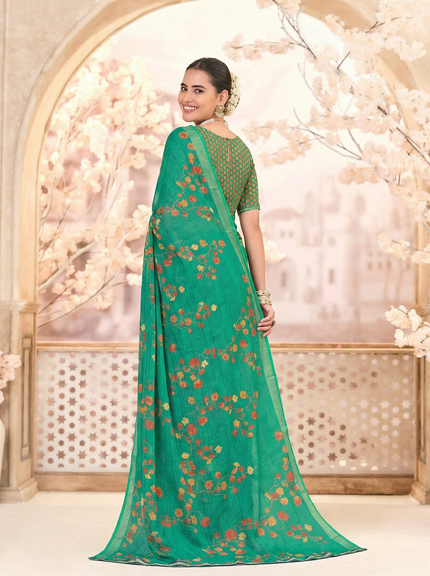 Urvashi - Green Chiffon Printed Saree with Lace Border