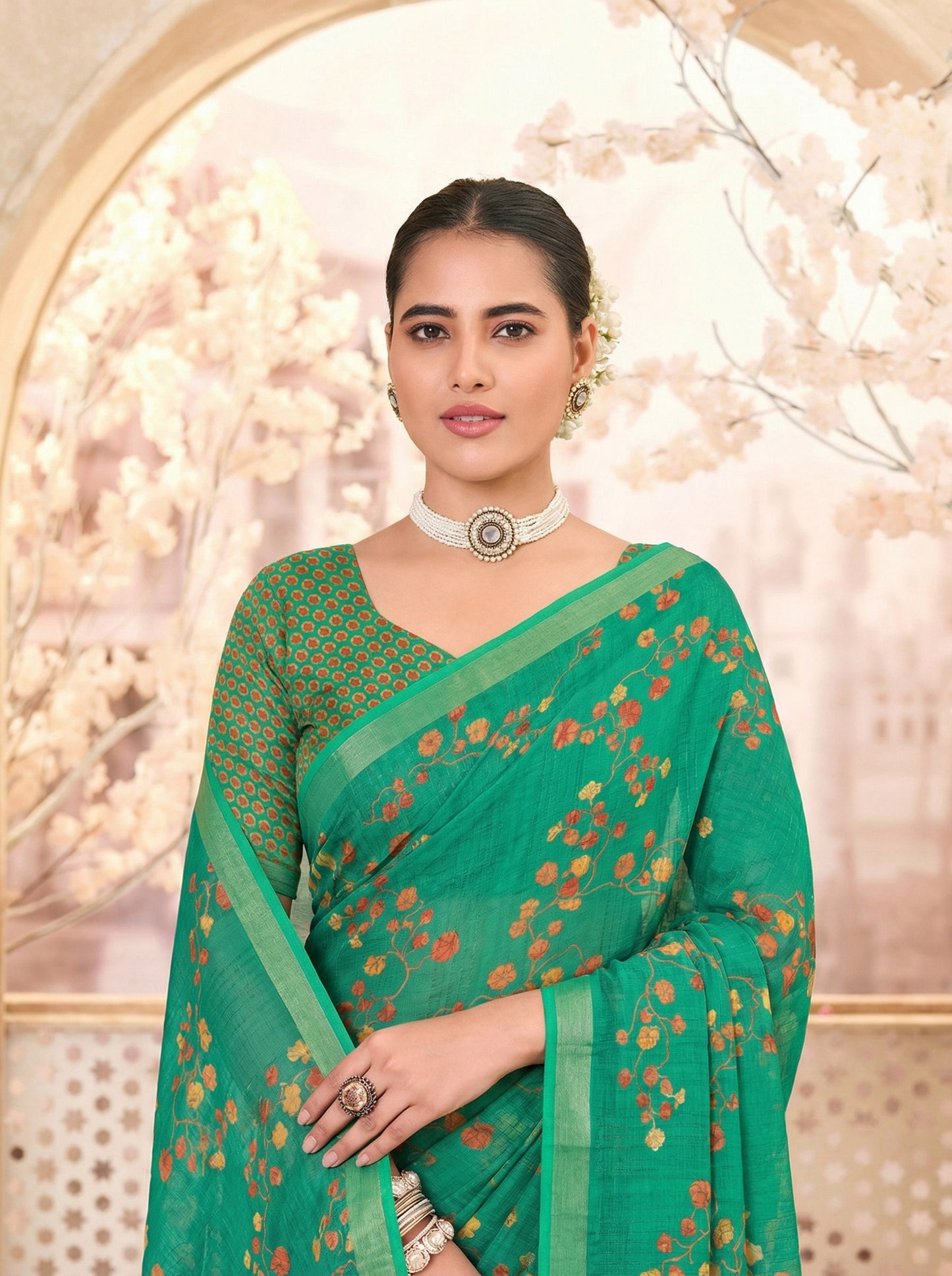 Urvashi - Green Chiffon Printed Saree with Lace Border