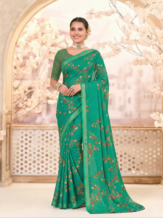 Urvashi - Green Chiffon Printed Saree with Lace Border