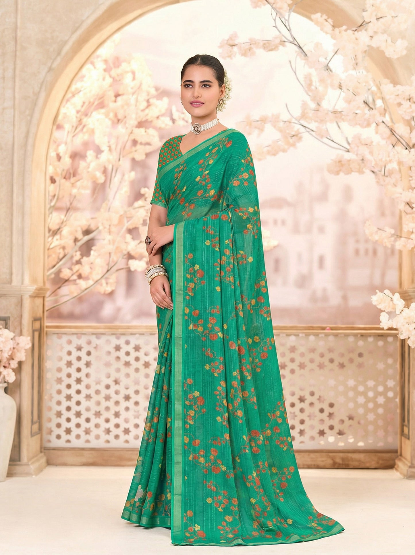 Urvashi - Green Chiffon Printed Saree with Lace Border