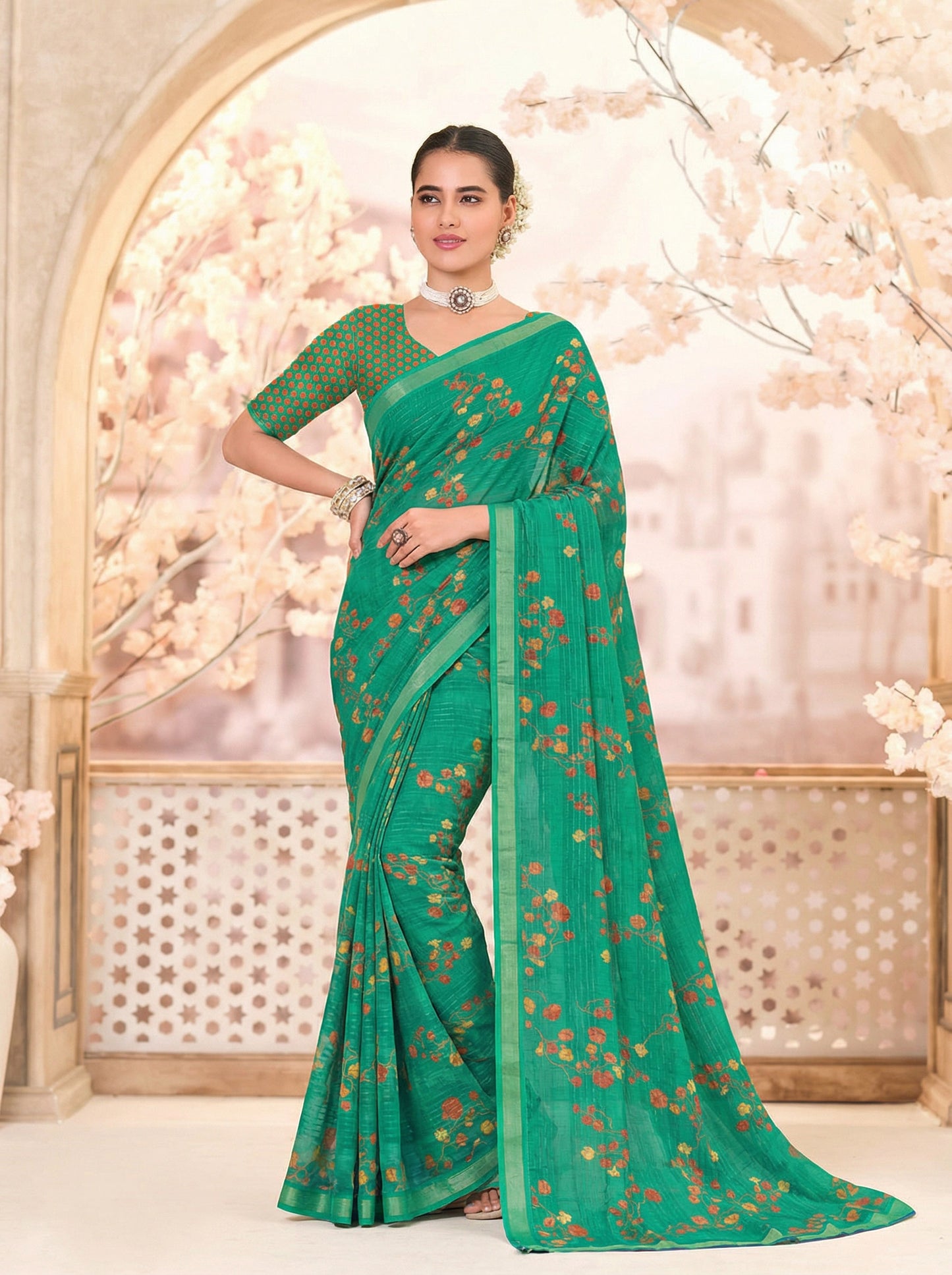 Urvashi - Green Chiffon Printed Saree with Lace Border