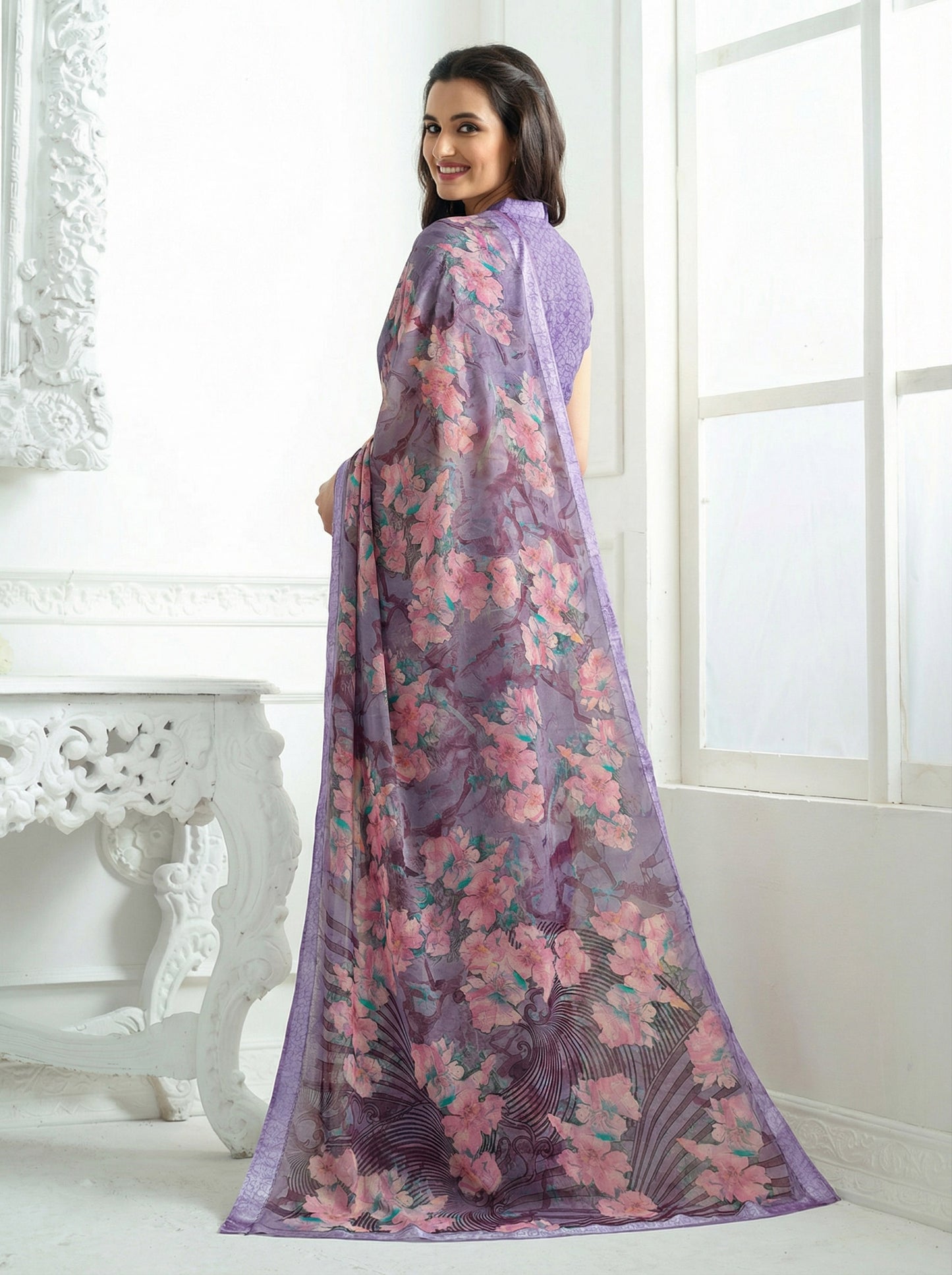 Urvashi - Violet Chiffon Printed Saree with Lace Border