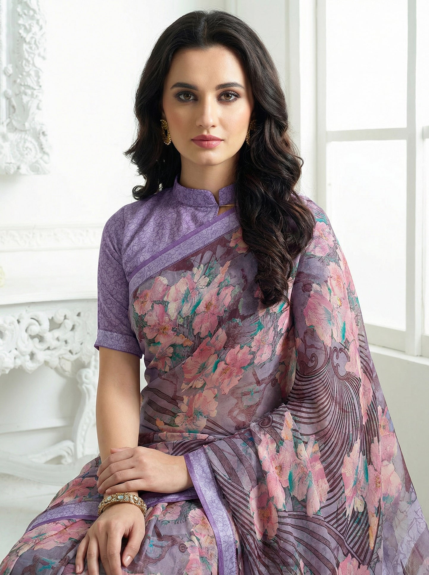 Urvashi - Violet Chiffon Printed Saree with Lace Border