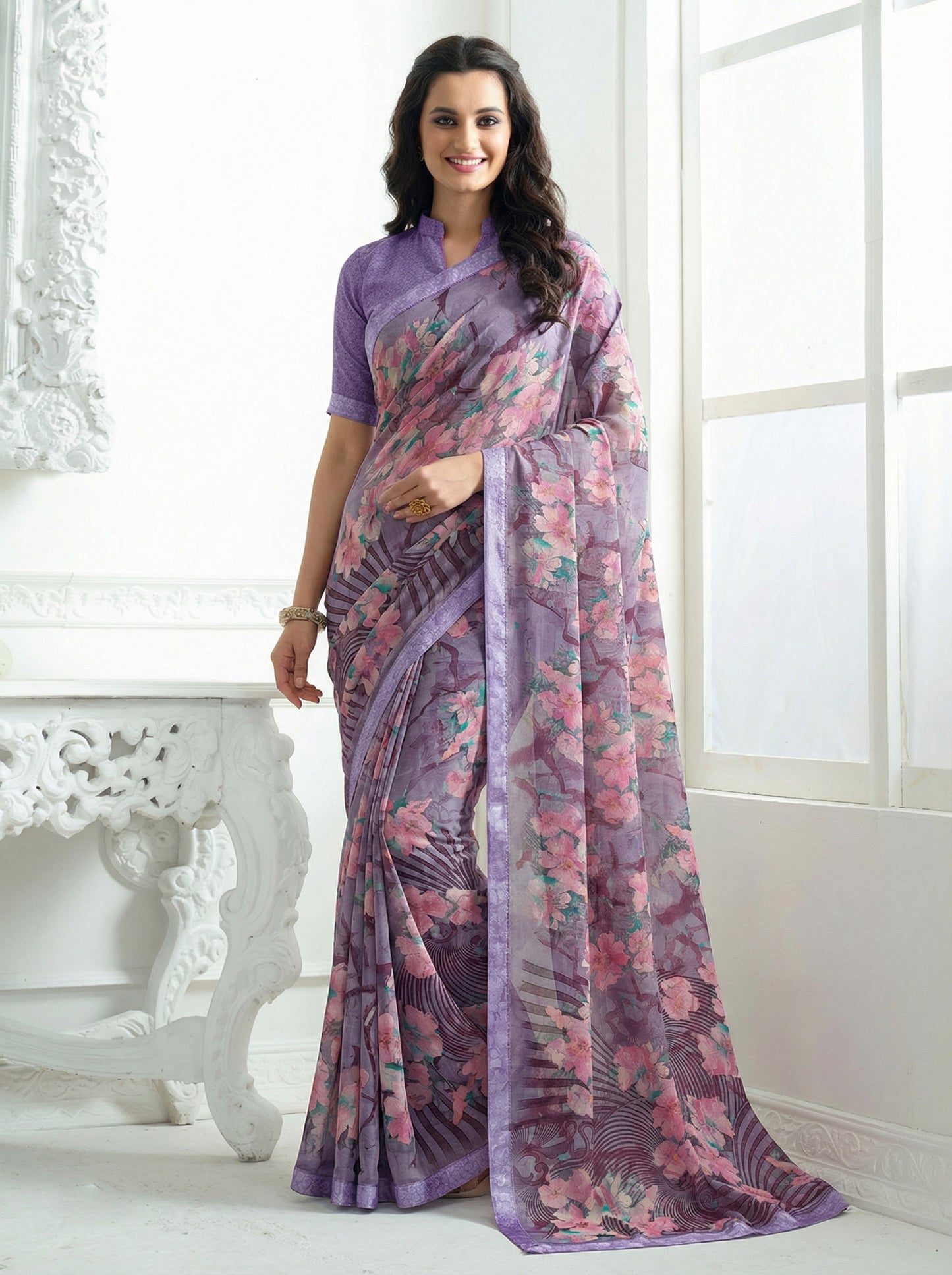 Urvashi - Violet Chiffon Printed Saree with Lace Border