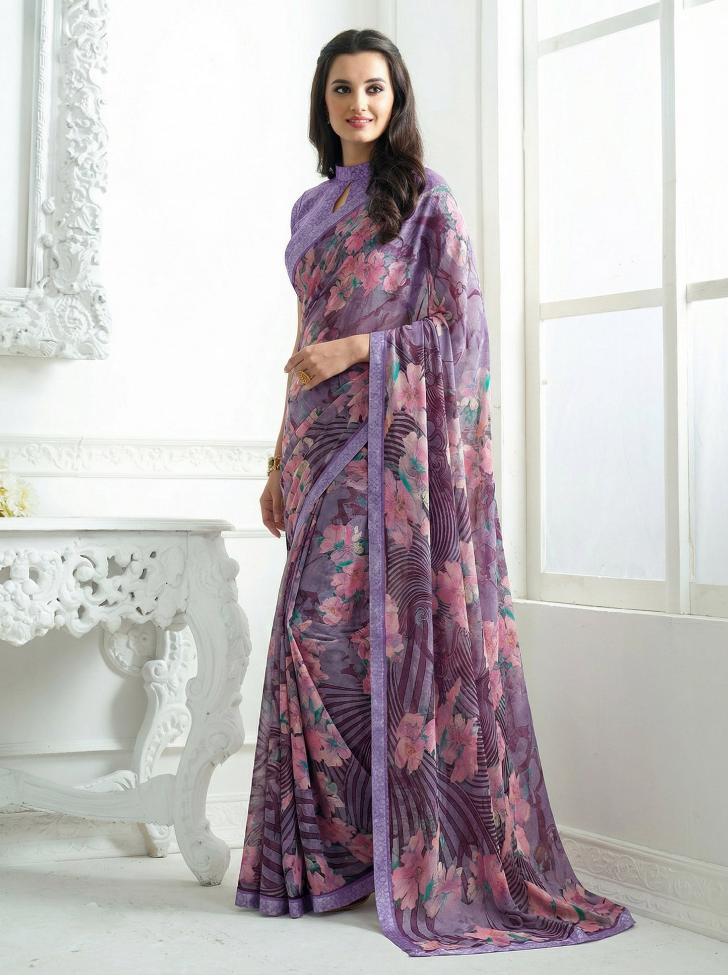 Urvashi - Violet Chiffon Printed Saree with Lace Border