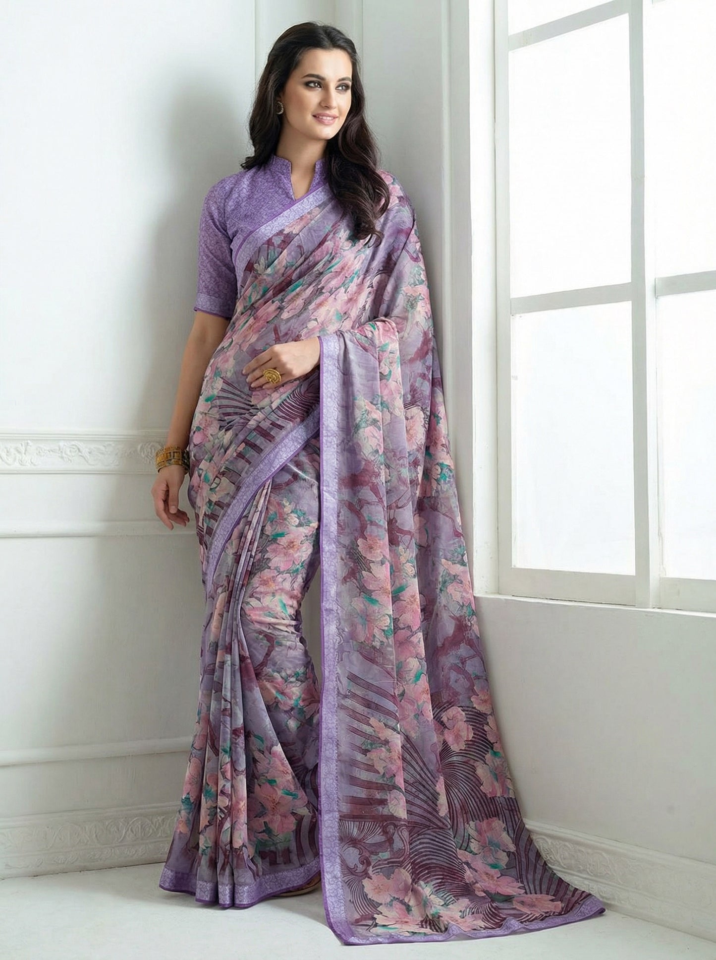 Urvashi - Violet Chiffon Printed Saree with Lace Border