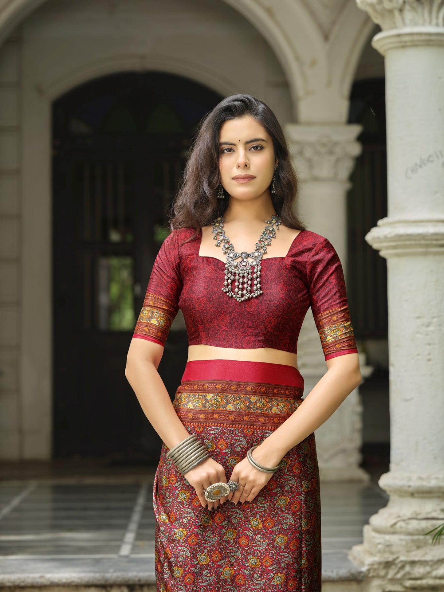 Rajkala - Fire Red Printed Crepe Silk Saree