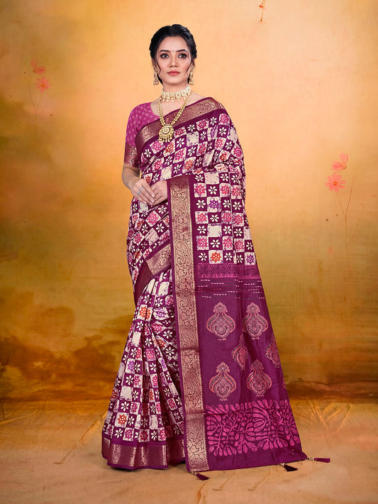 Kashmir Beauty - Purple Printed Soft Silk Saree with Tassels