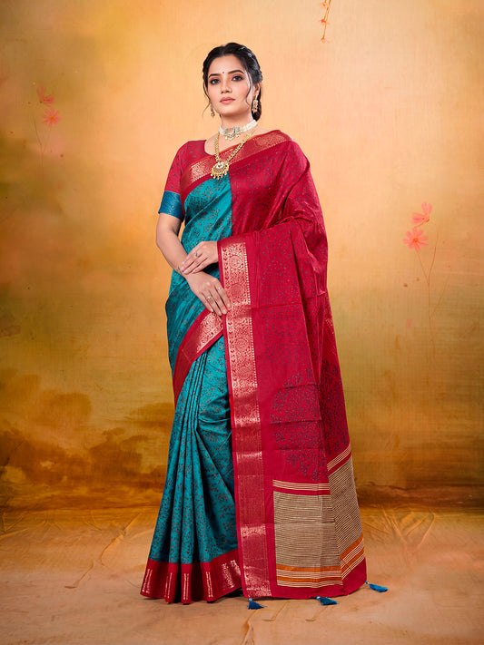 Kashmir Beauty - Blue Printed Soft Silk Saree with Tassels