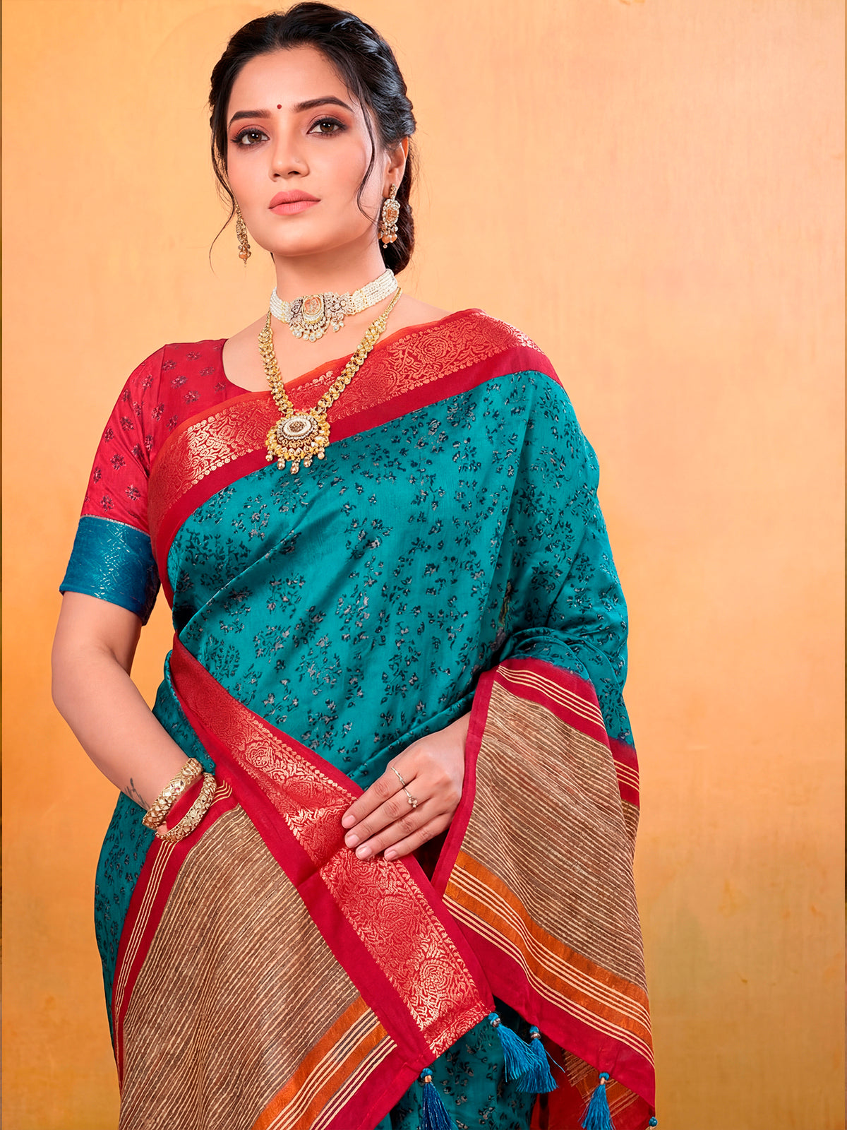 Kashmir Beauty - Blue Printed Soft Silk Saree with Tassels