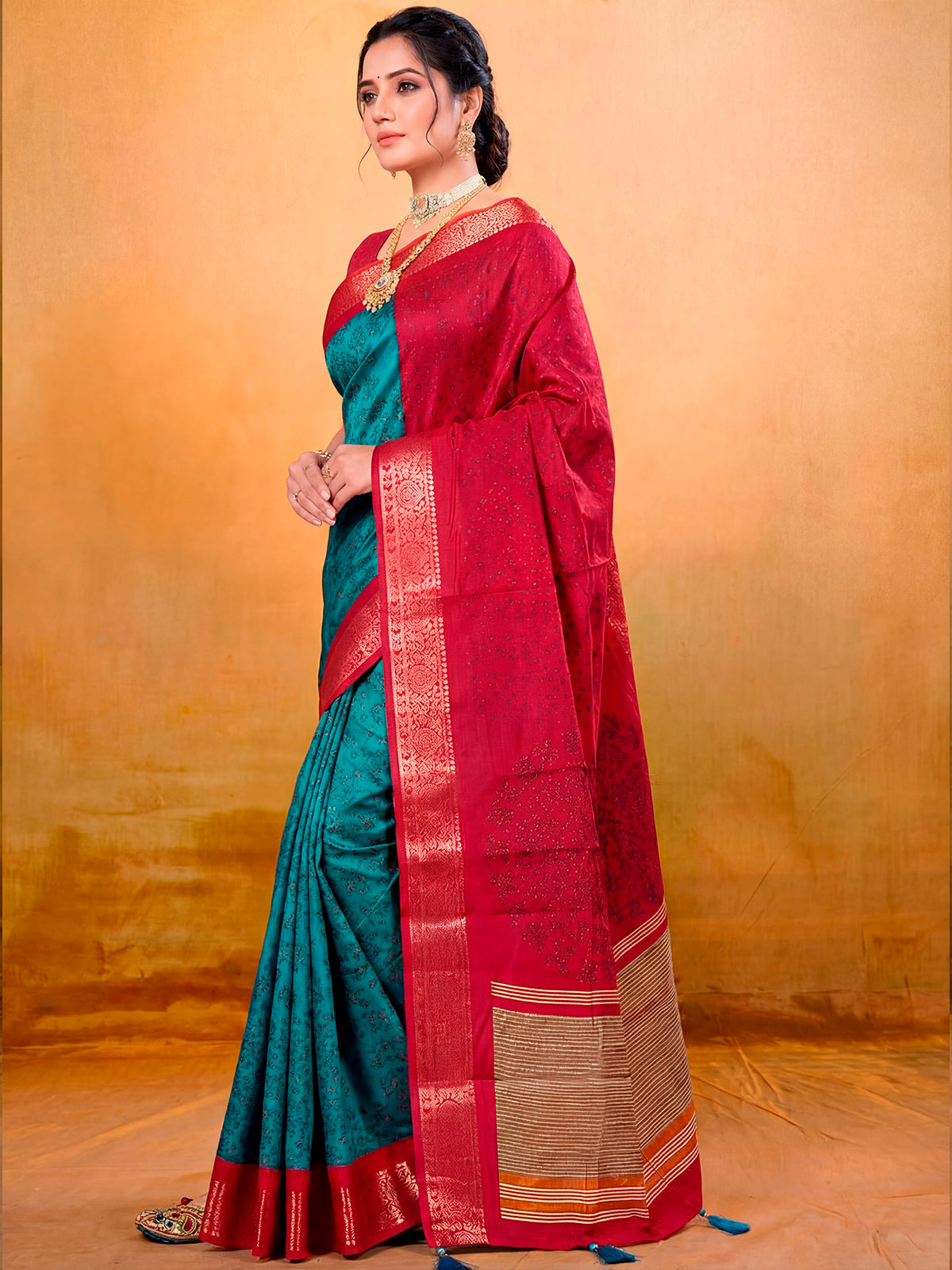 Kashmir Beauty - Blue Printed Soft Silk Saree with Tassels