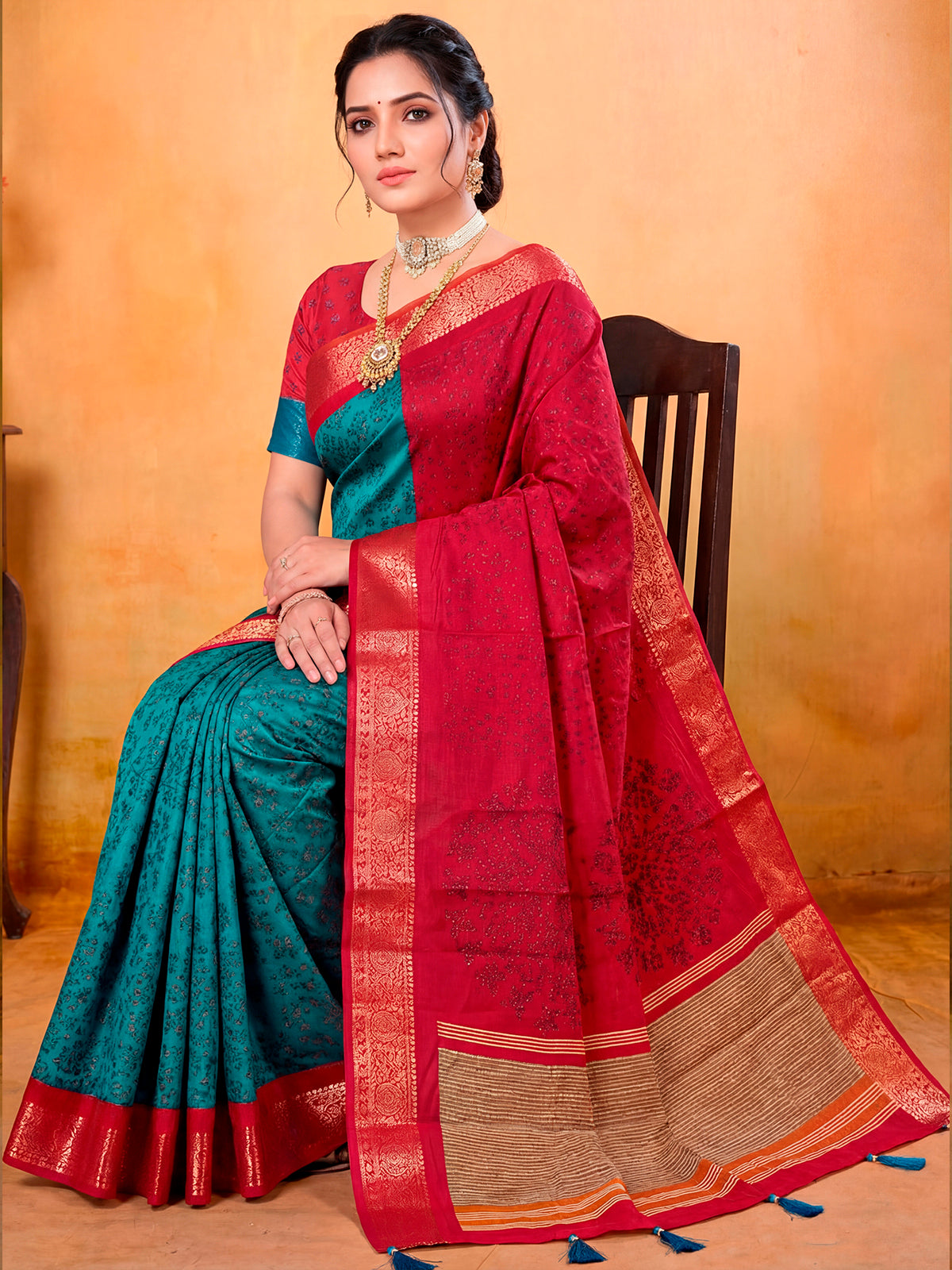 Kashmir Beauty - Blue Printed Soft Silk Saree with Tassels