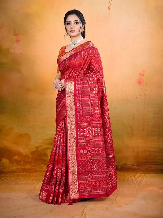 Kashmir Beauty - Red Printed Soft Silk Saree with Tassels