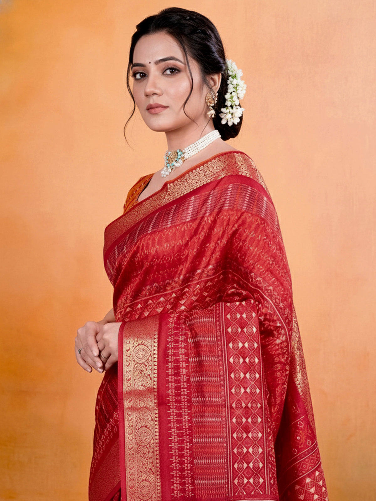 Kashmir Beauty - Red Printed Soft Silk Saree with Tassels