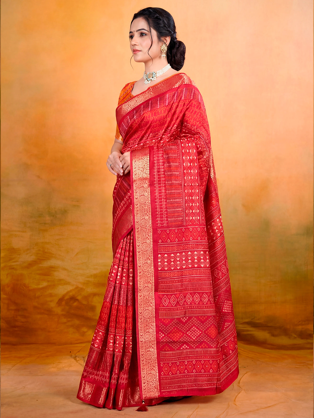 Kashmir Beauty - Red Printed Soft Silk Saree with Tassels