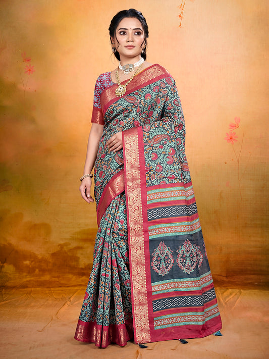 Kashmir Beauty - Sea Green Printed Soft Silk Saree with Tassels