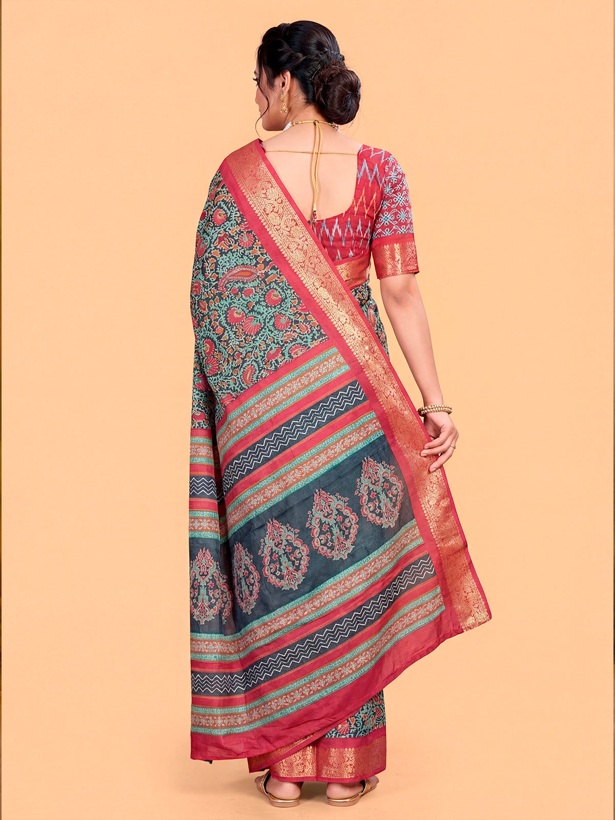 Kashmir Beauty - Sea Green Printed Soft Silk Saree with Tassels