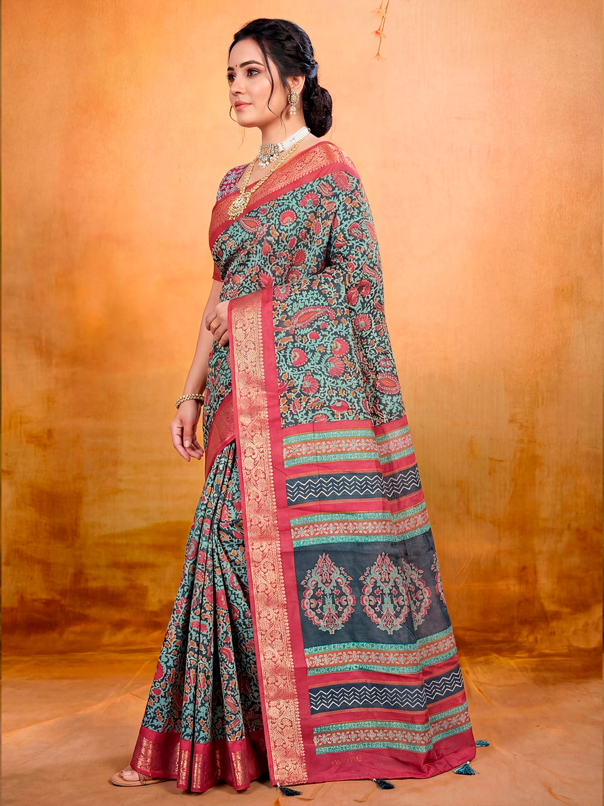 Kashmir Beauty - Sea Green Printed Soft Silk Saree with Tassels