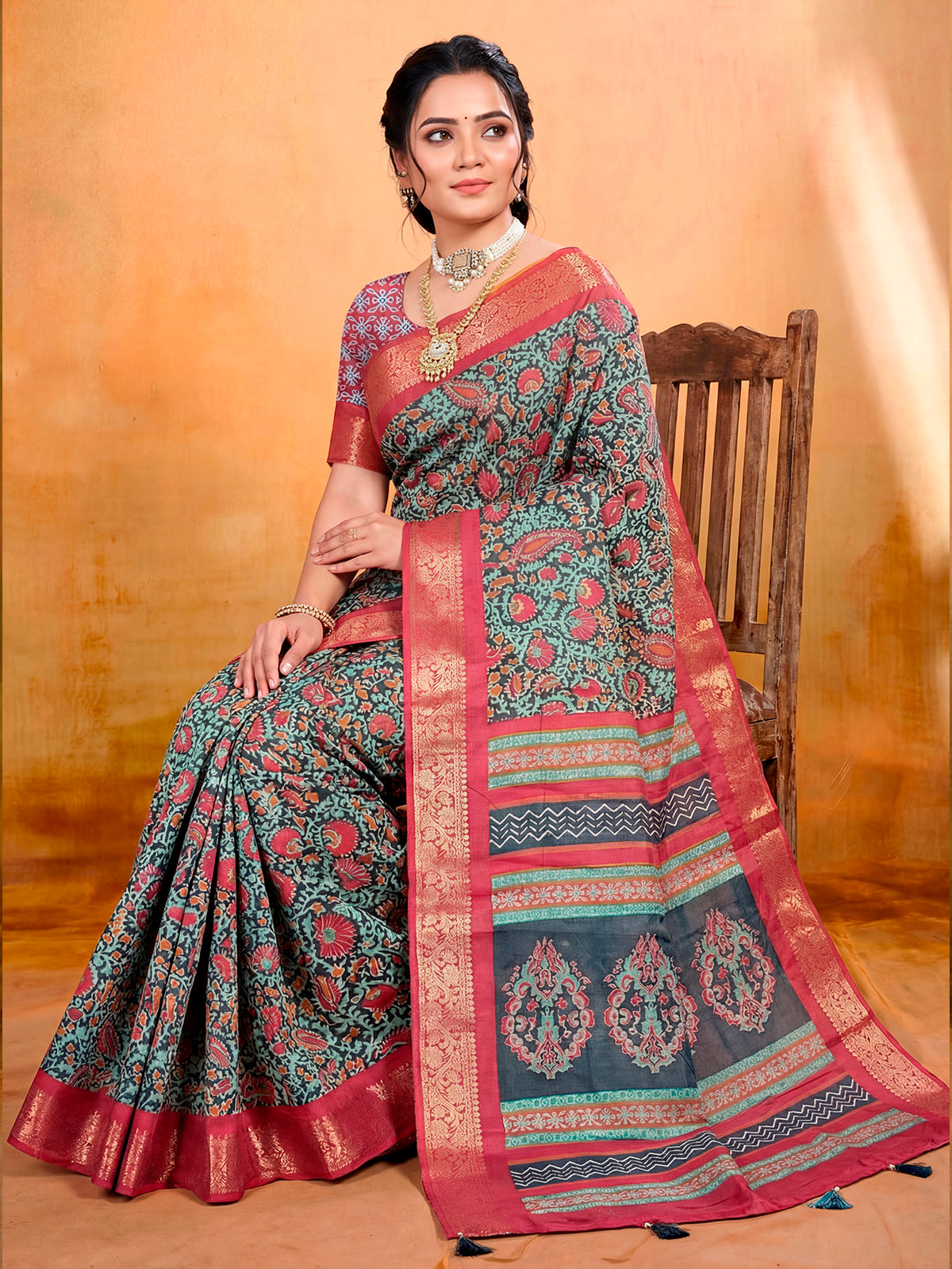 Kashmir Beauty - Sea Green Printed Soft Silk Saree with Tassels