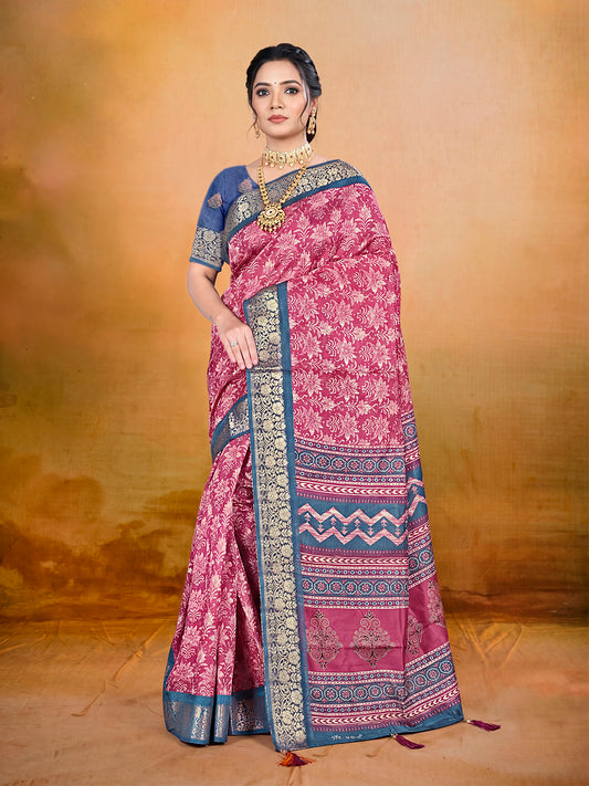 Kashmir Beauty - Dark Pink Printed Soft Silk Saree with Tassels
