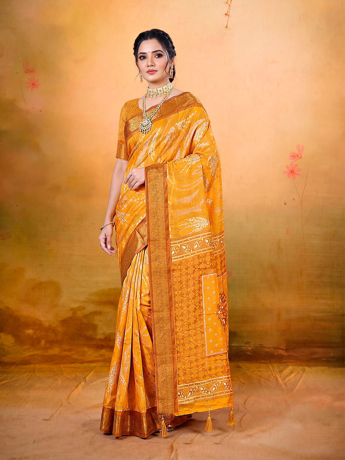Kashmir Beauty - Orange Printed Soft Silk Saree with Tassels
