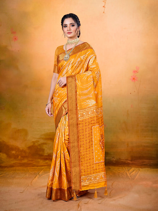 Kashmir Beauty - Orange Printed Soft Silk Saree with Tassels