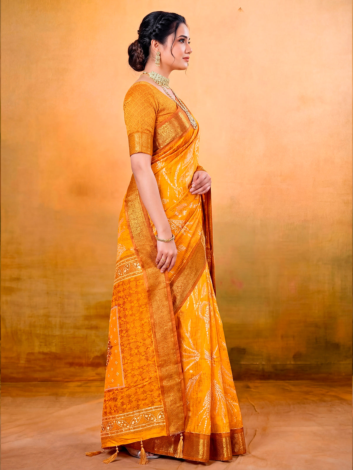 Kashmir Beauty - Orange Printed Soft Silk Saree with Tassels