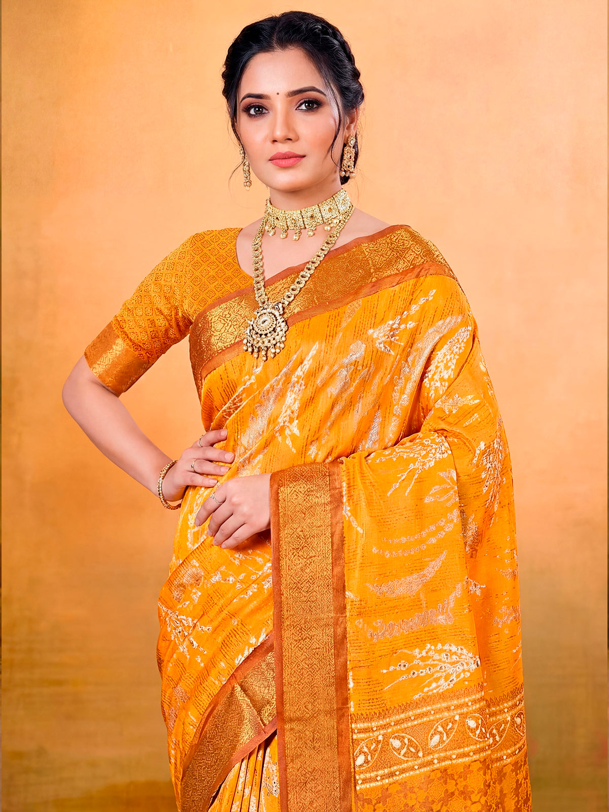 Kashmir Beauty - Orange Printed Soft Silk Saree with Tassels