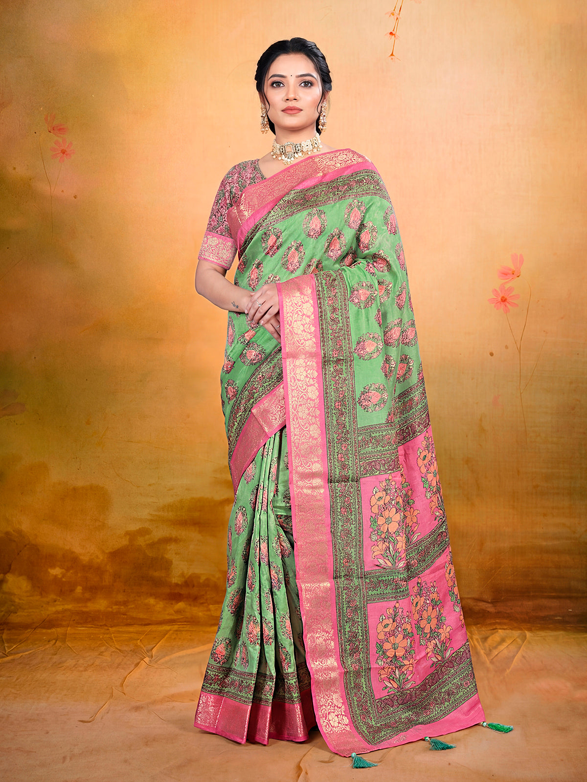 Kashmir Beauty - Pale Green Printed Soft Silk Saree
