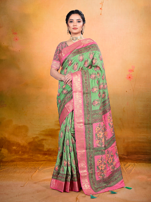 Kashmir Beauty - Pale Green Printed Soft Silk Saree