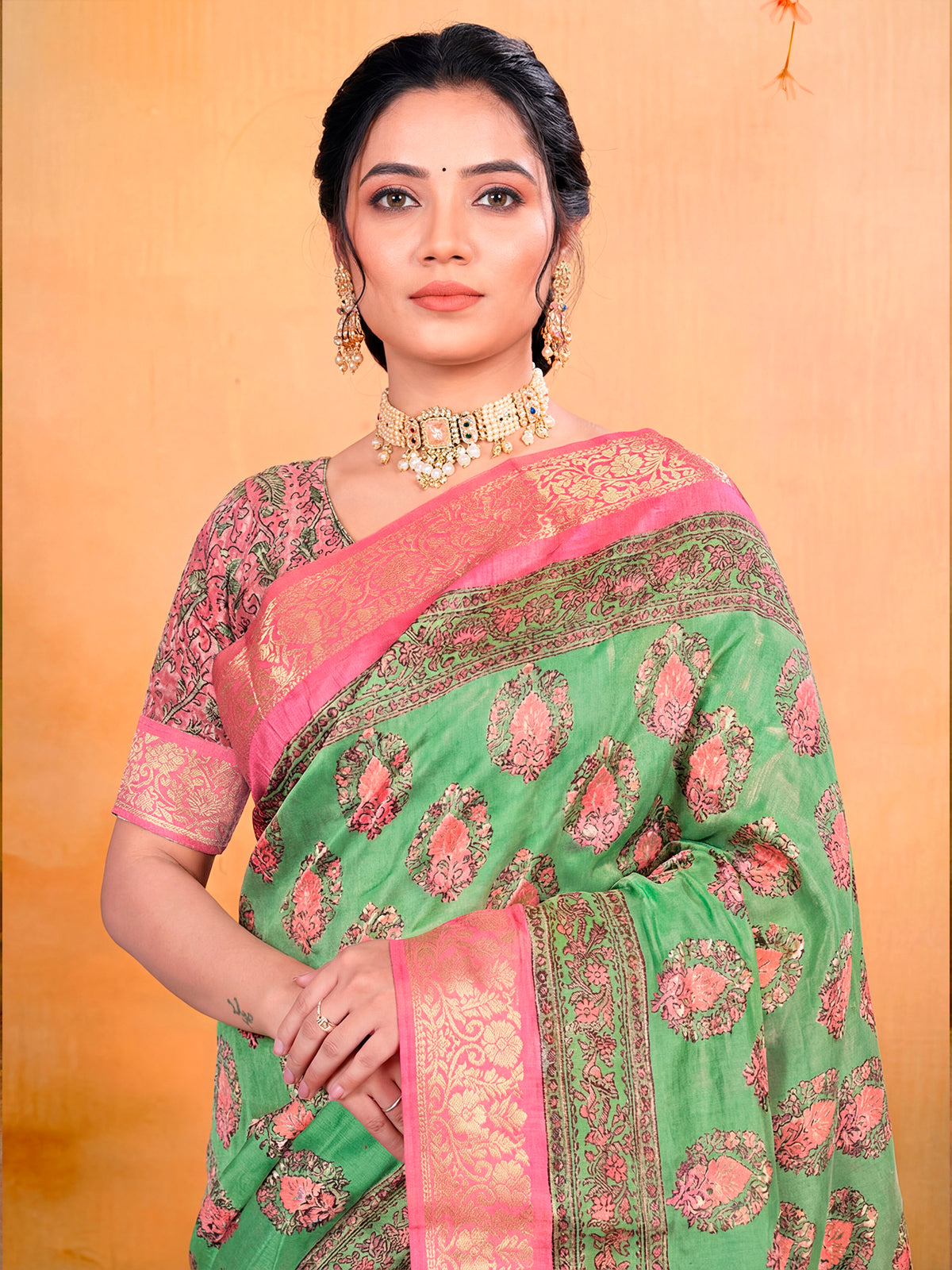 Kashmir Beauty - Pale Green Printed Soft Silk Saree
