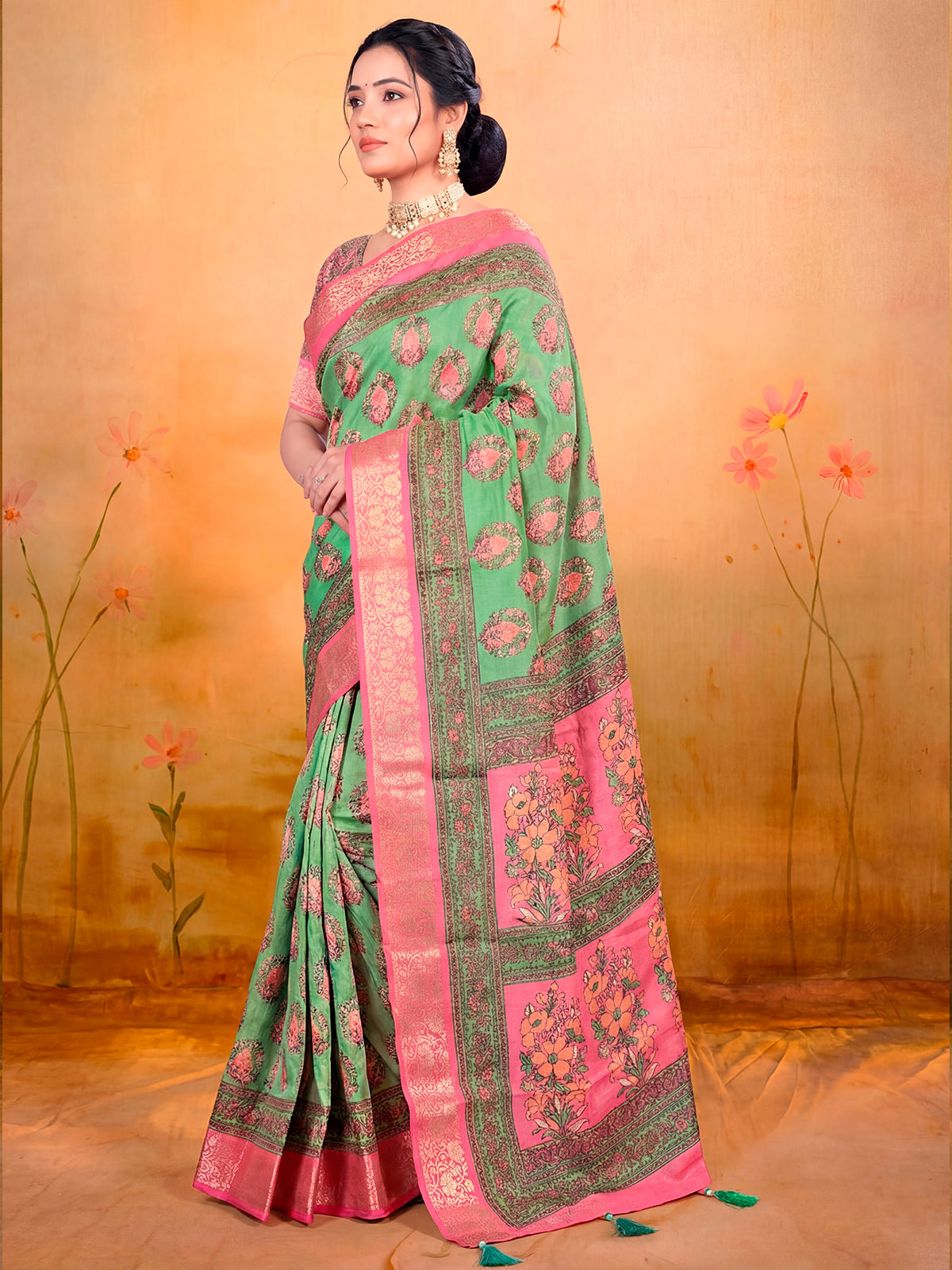 Kashmir Beauty - Pale Green Printed Soft Silk Saree