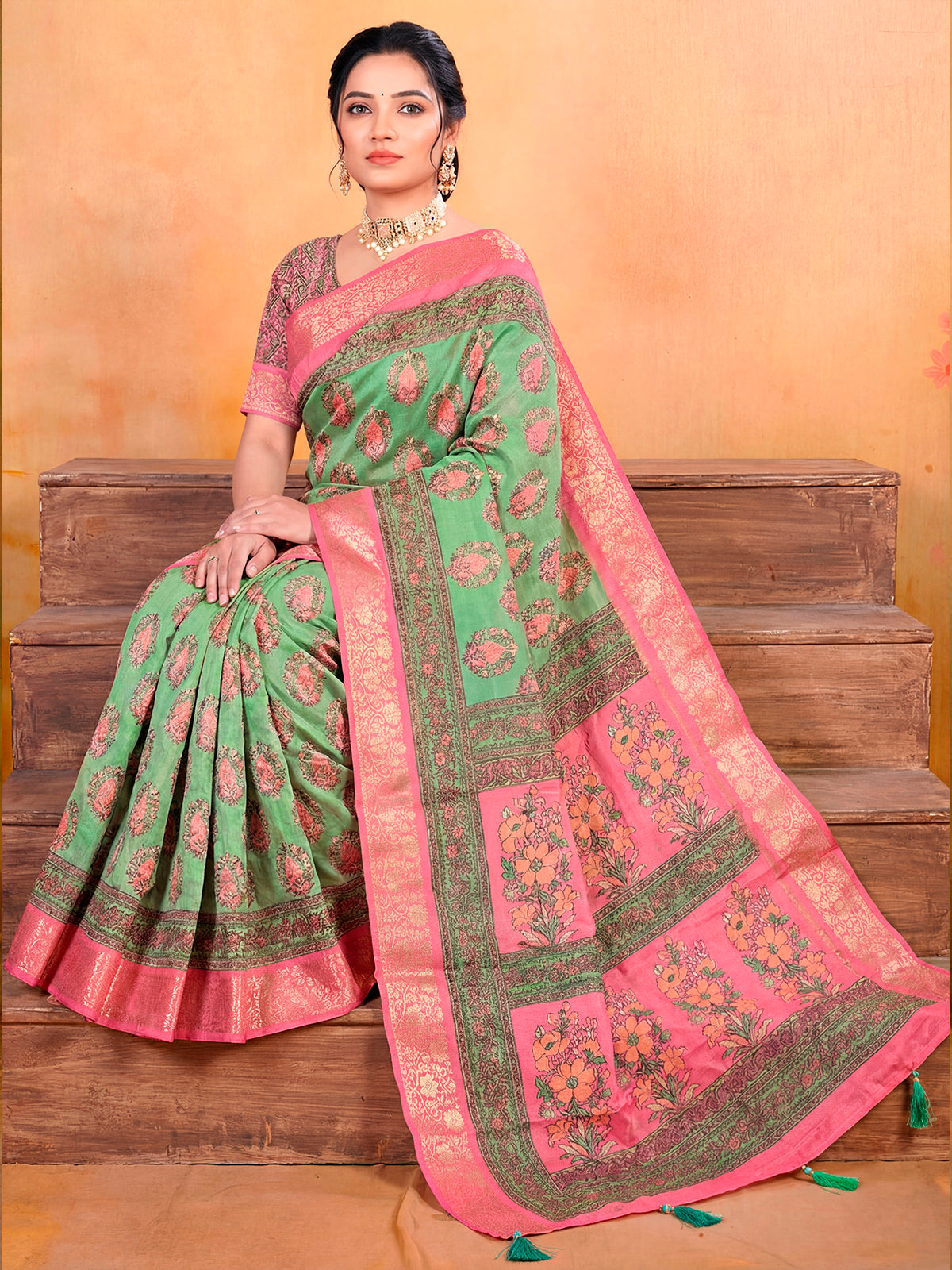 Kashmir Beauty - Pale Green Printed Soft Silk Saree