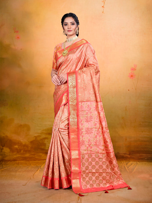 Kashmir Beauty - Coral Printed Soft Silk Saree with Tassels