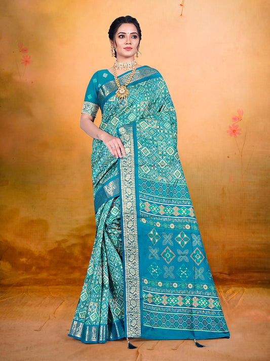 Kashmir Beauty - Turquoise Printed Soft Silk Saree with Tassels