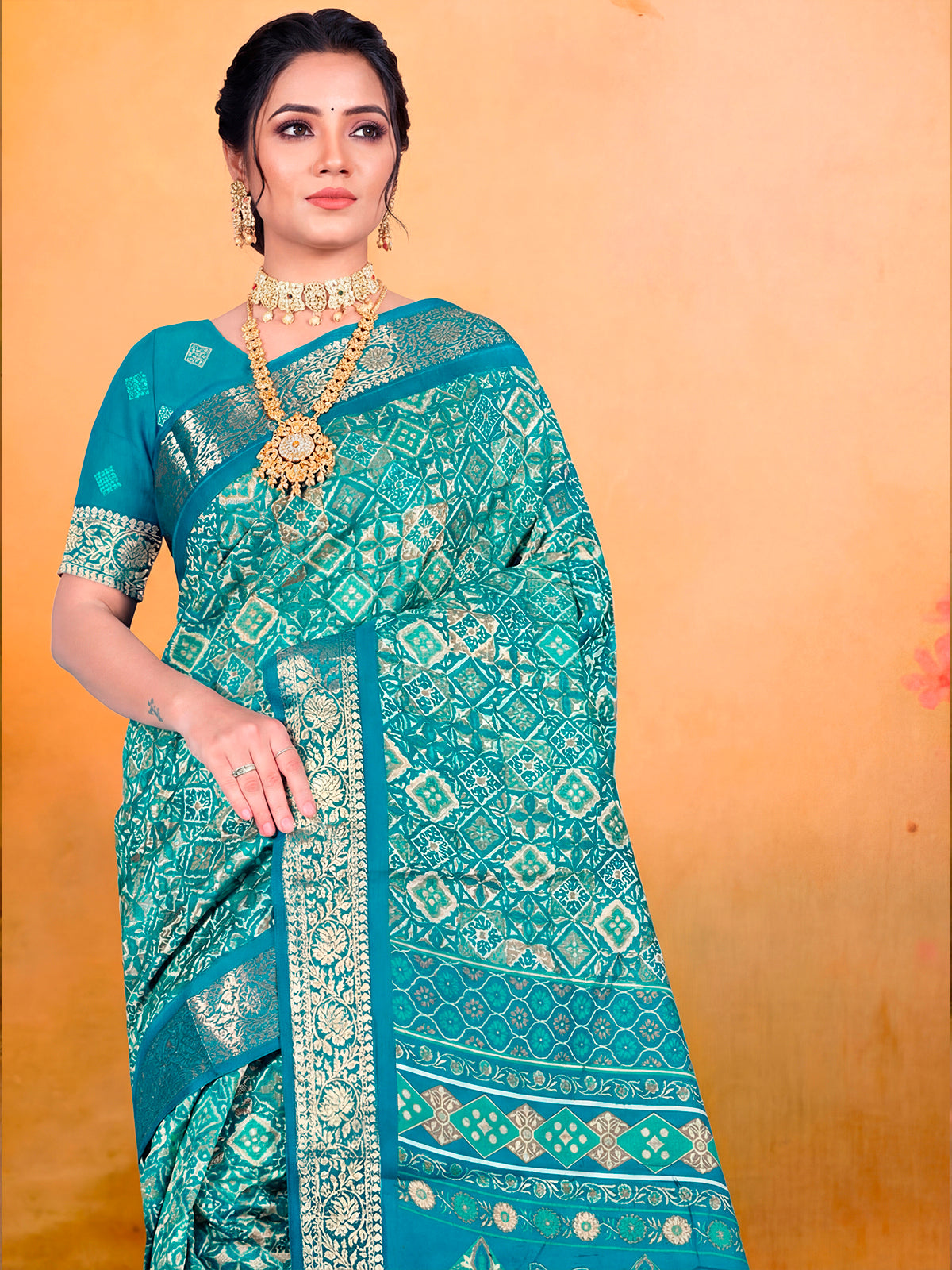 Kashmir Beauty - Turquoise Printed Soft Silk Saree with Tassels
