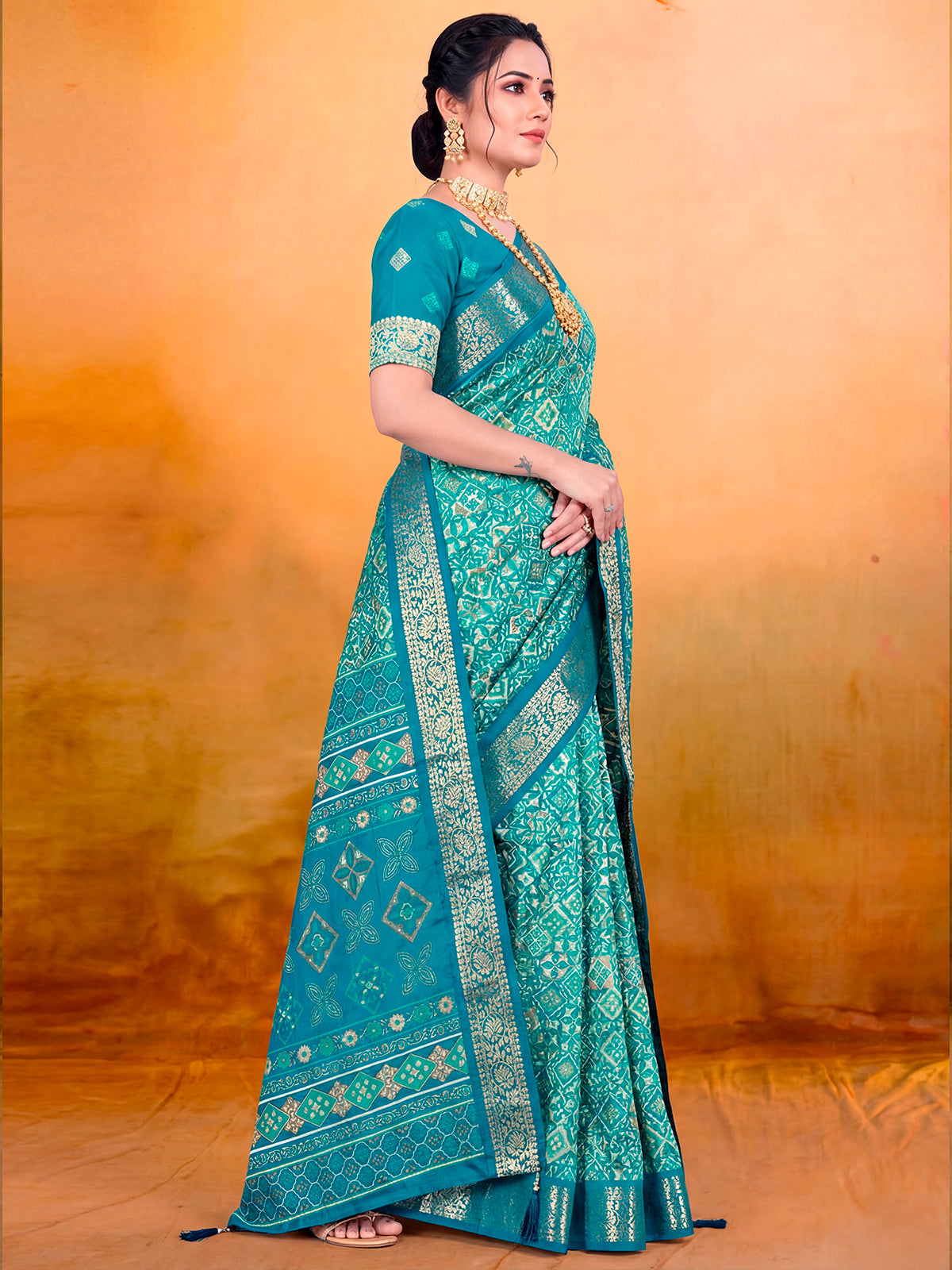 Kashmir Beauty - Turquoise Printed Soft Silk Saree with Tassels