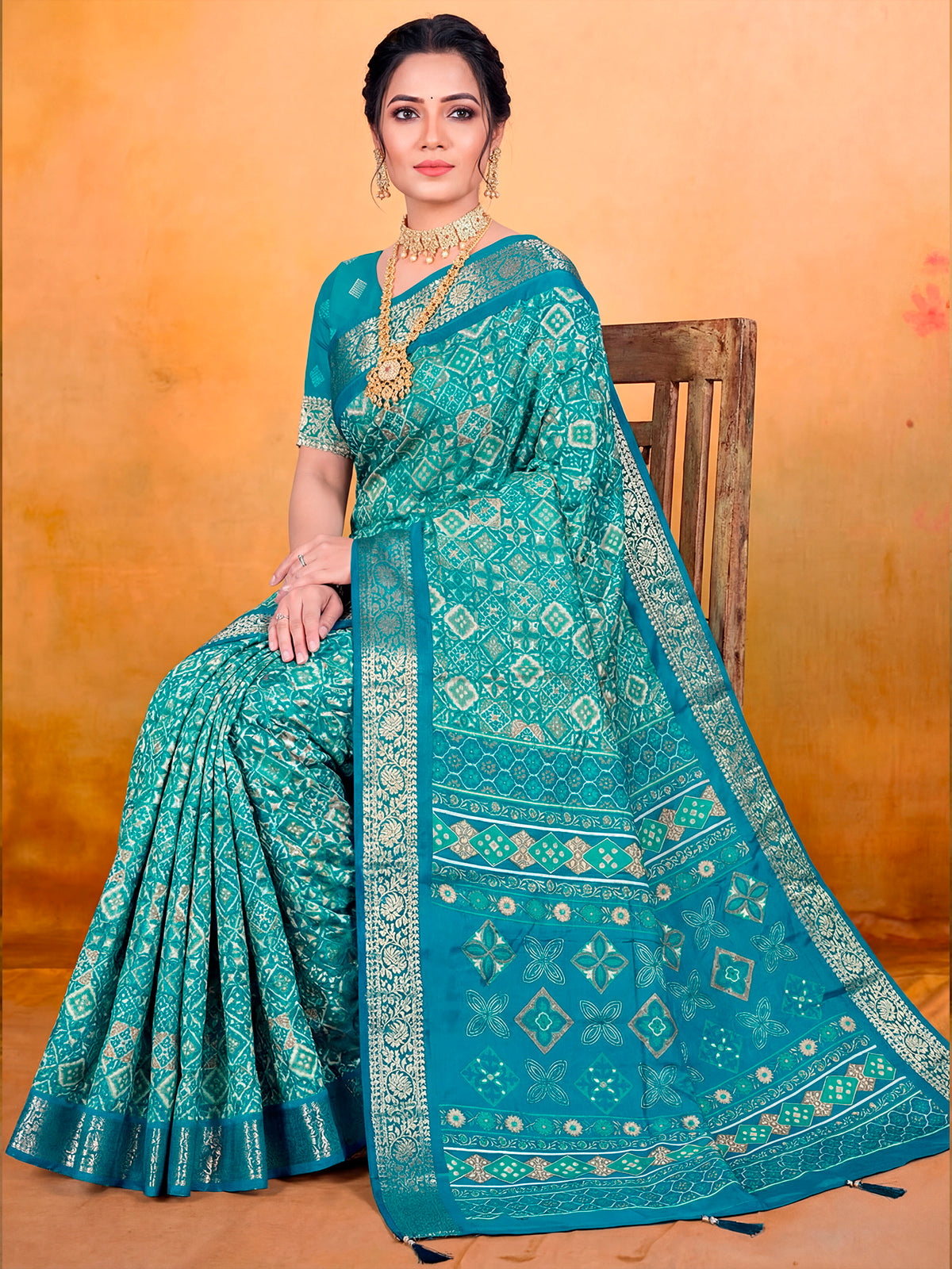 Kashmir Beauty - Turquoise Printed Soft Silk Saree with Tassels