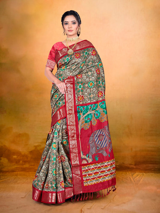 Kashmir Beauty - Olive Green Printed Soft Silk Saree with Tassels