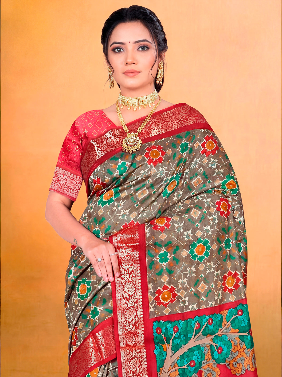 Kashmir Beauty - Olive Green Printed Soft Silk Saree with Tassels