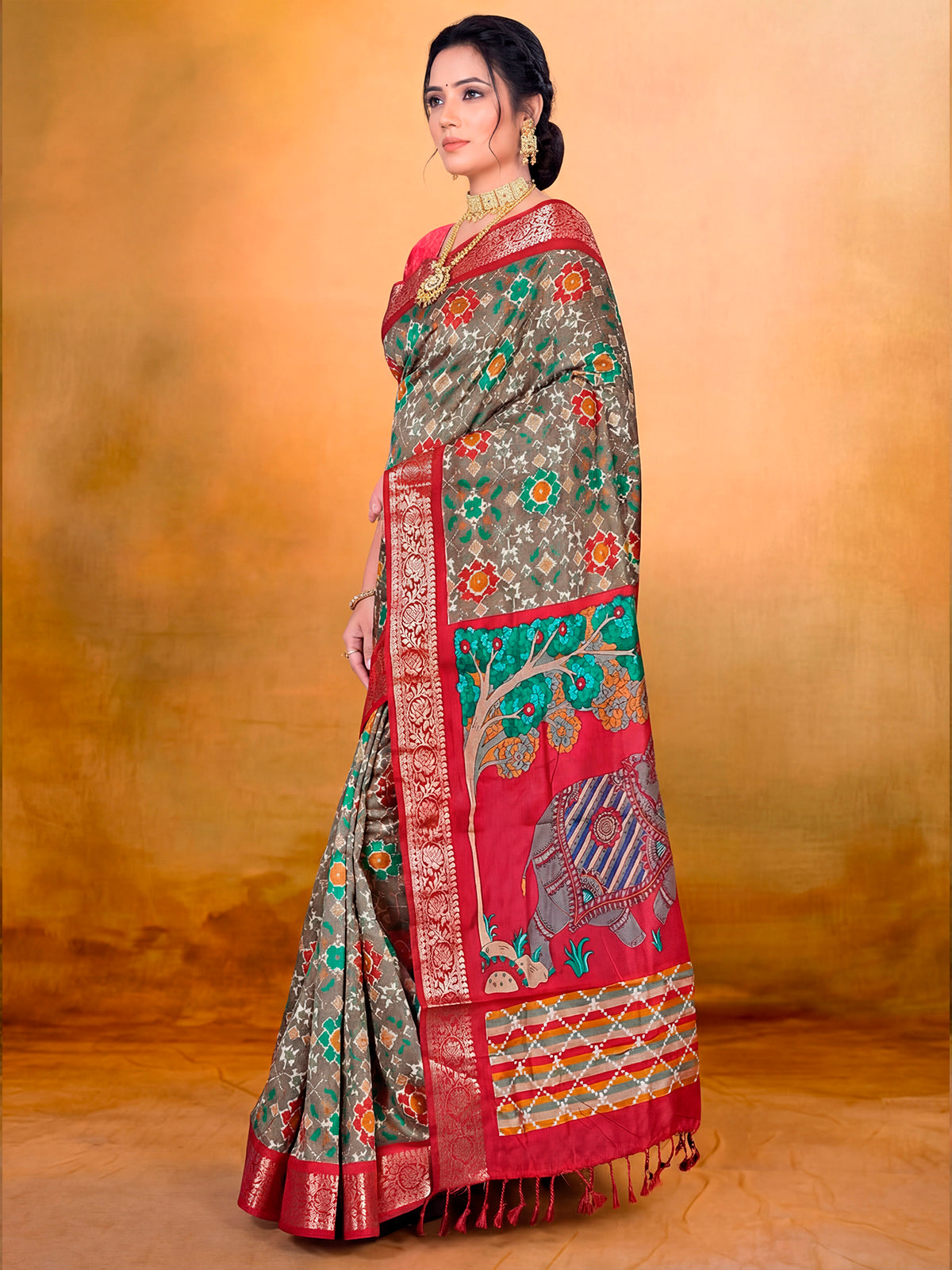 Kashmir Beauty - Olive Green Printed Soft Silk Saree with Tassels