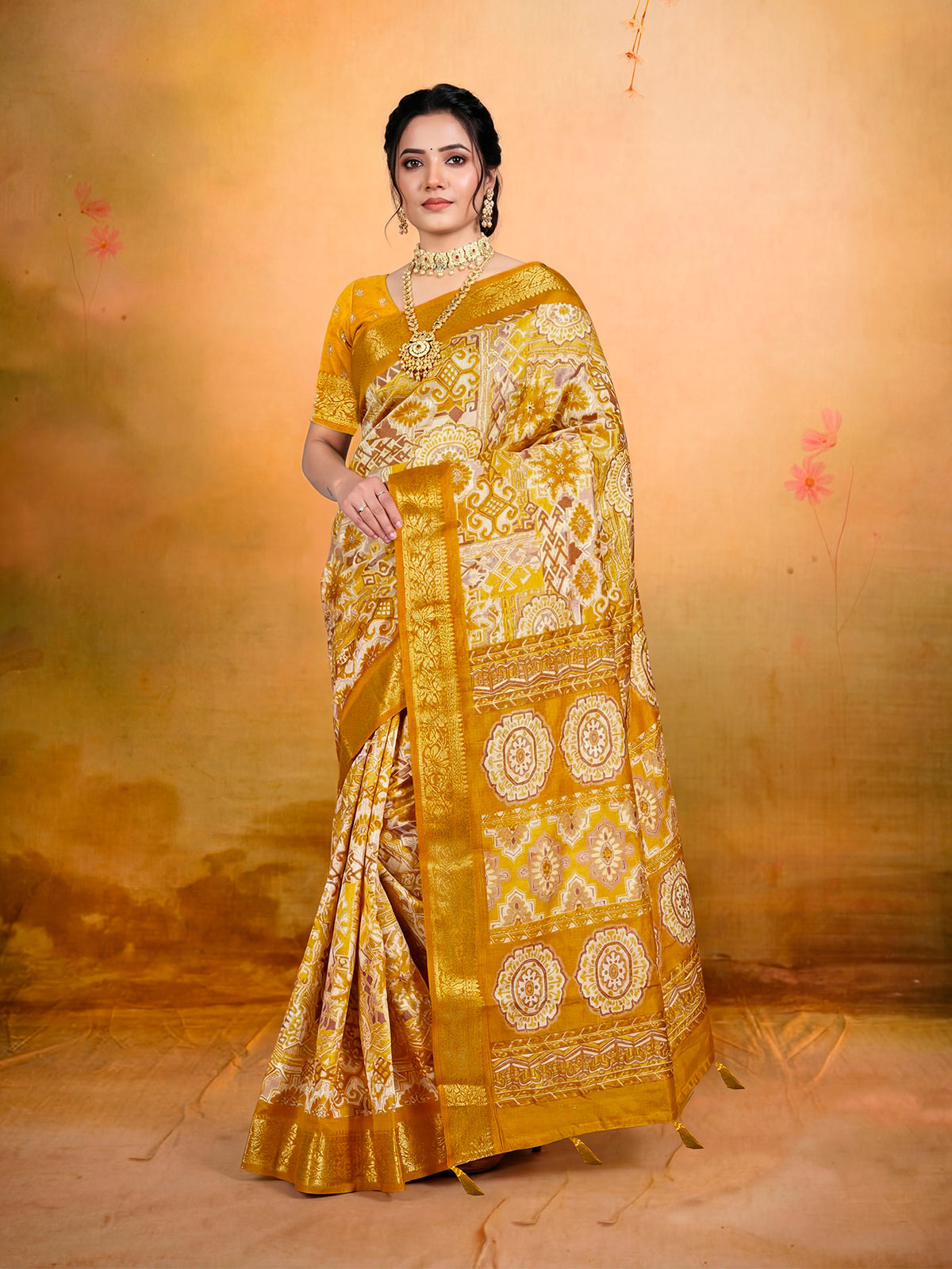 Kashmir Beauty - Yellow Printed Soft Silk Saree with Tassels