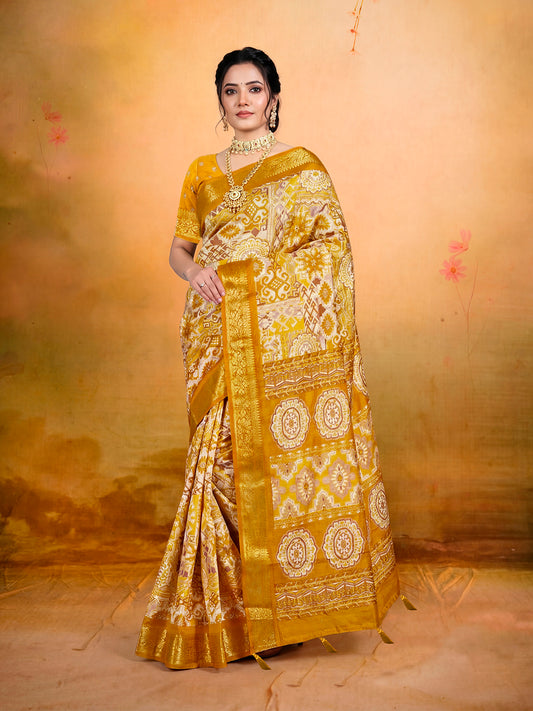 Kashmir Beauty - Yellow Printed Soft Silk Saree with Tassels