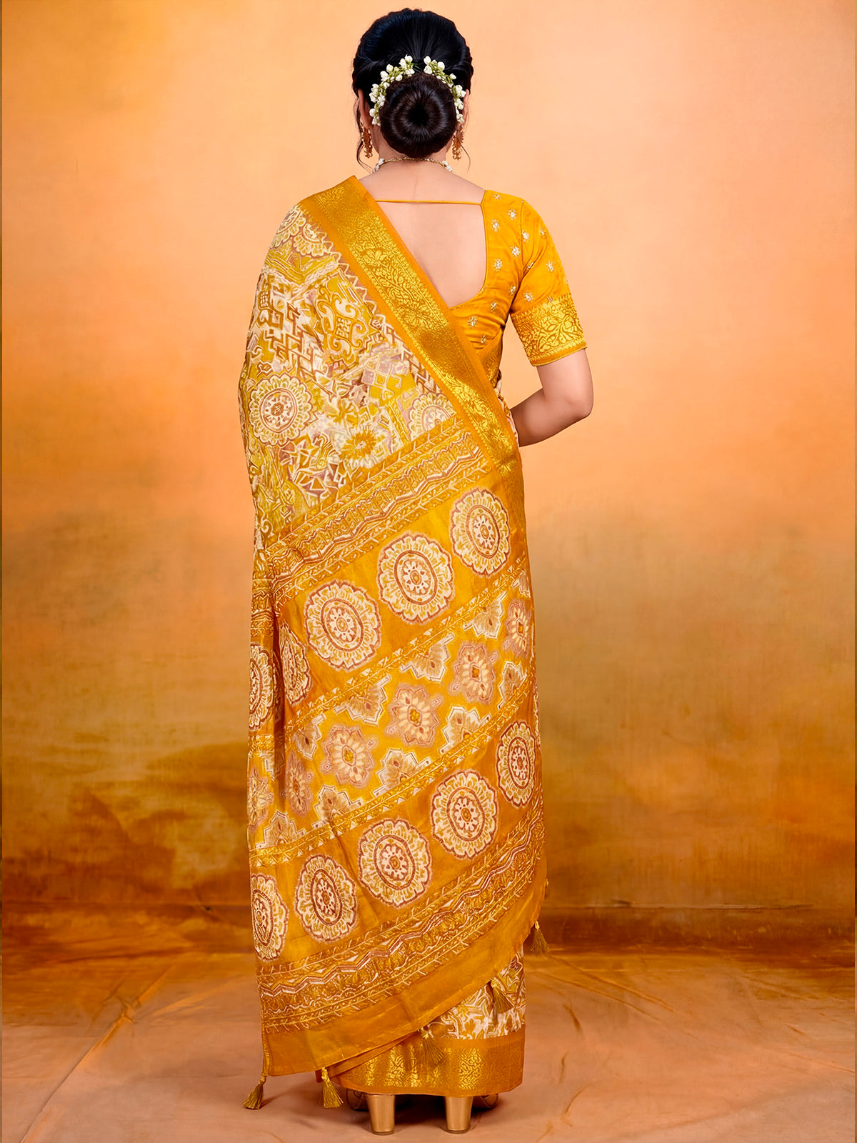 Kashmir Beauty - Yellow Printed Soft Silk Saree with Tassels