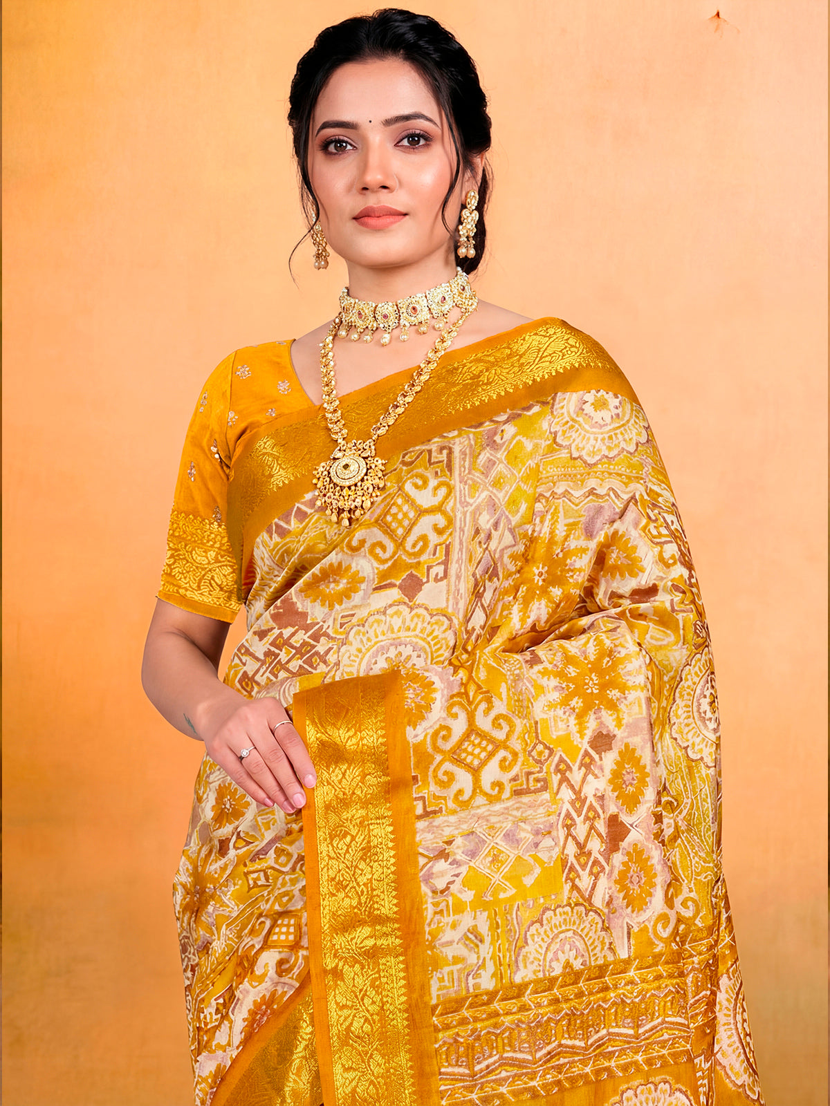 Kashmir Beauty - Yellow Printed Soft Silk Saree with Tassels