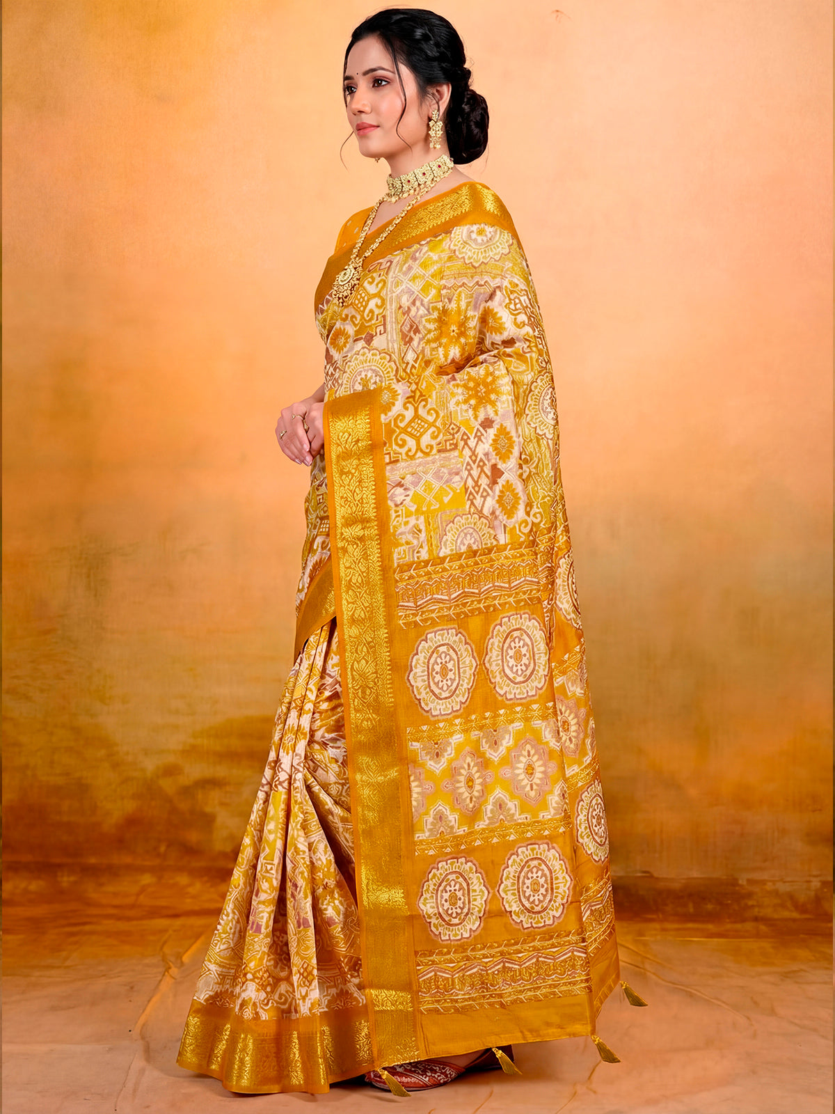 Kashmir Beauty - Yellow Printed Soft Silk Saree with Tassels