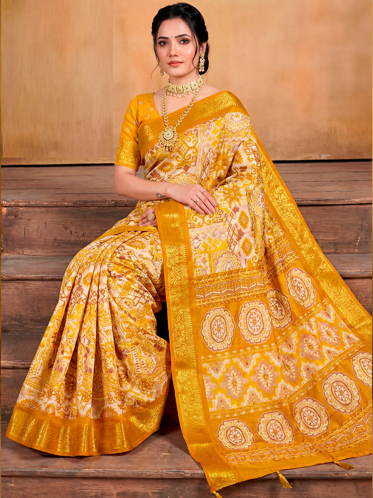 Kashmir Beauty - Yellow Printed Soft Silk Saree with Tassels