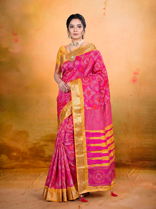 Kashmir Beauty - Rose Pink Printed Soft Silk Saree with Tassels