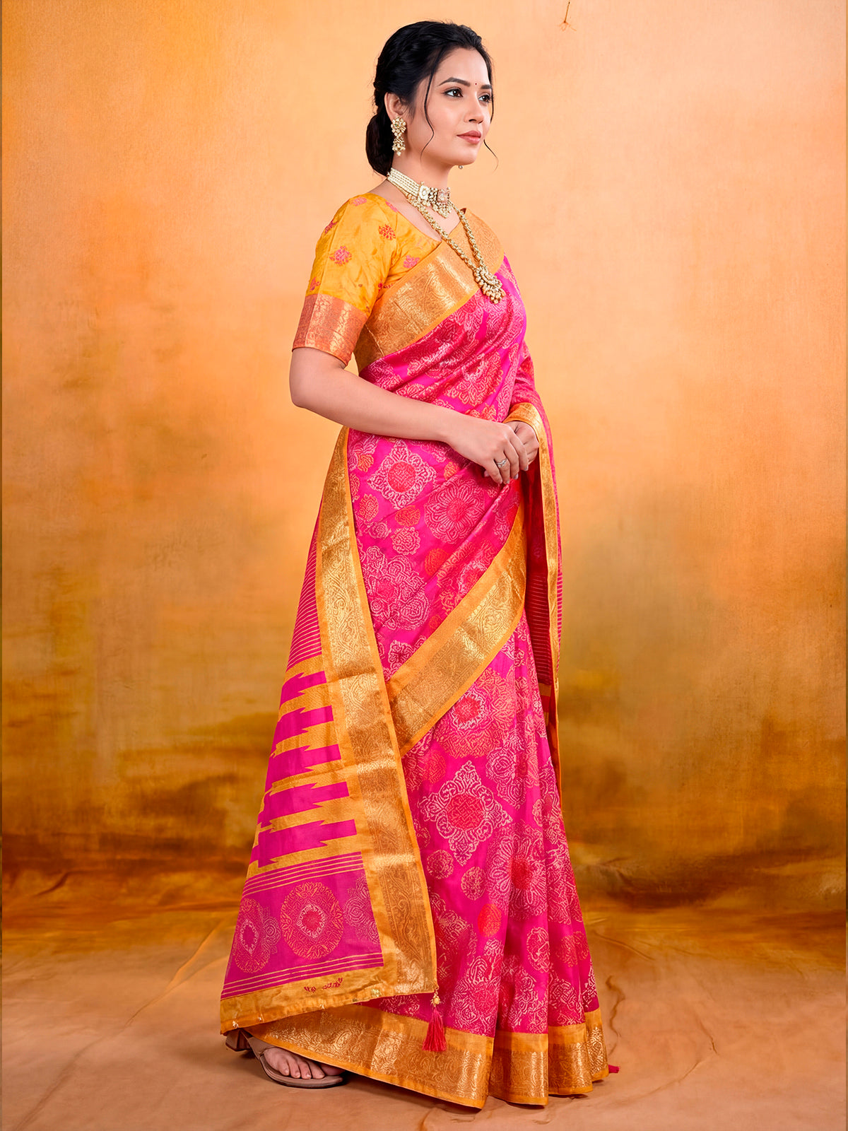 Kashmir Beauty - Rose Pink Printed Soft Silk Saree with Tassels