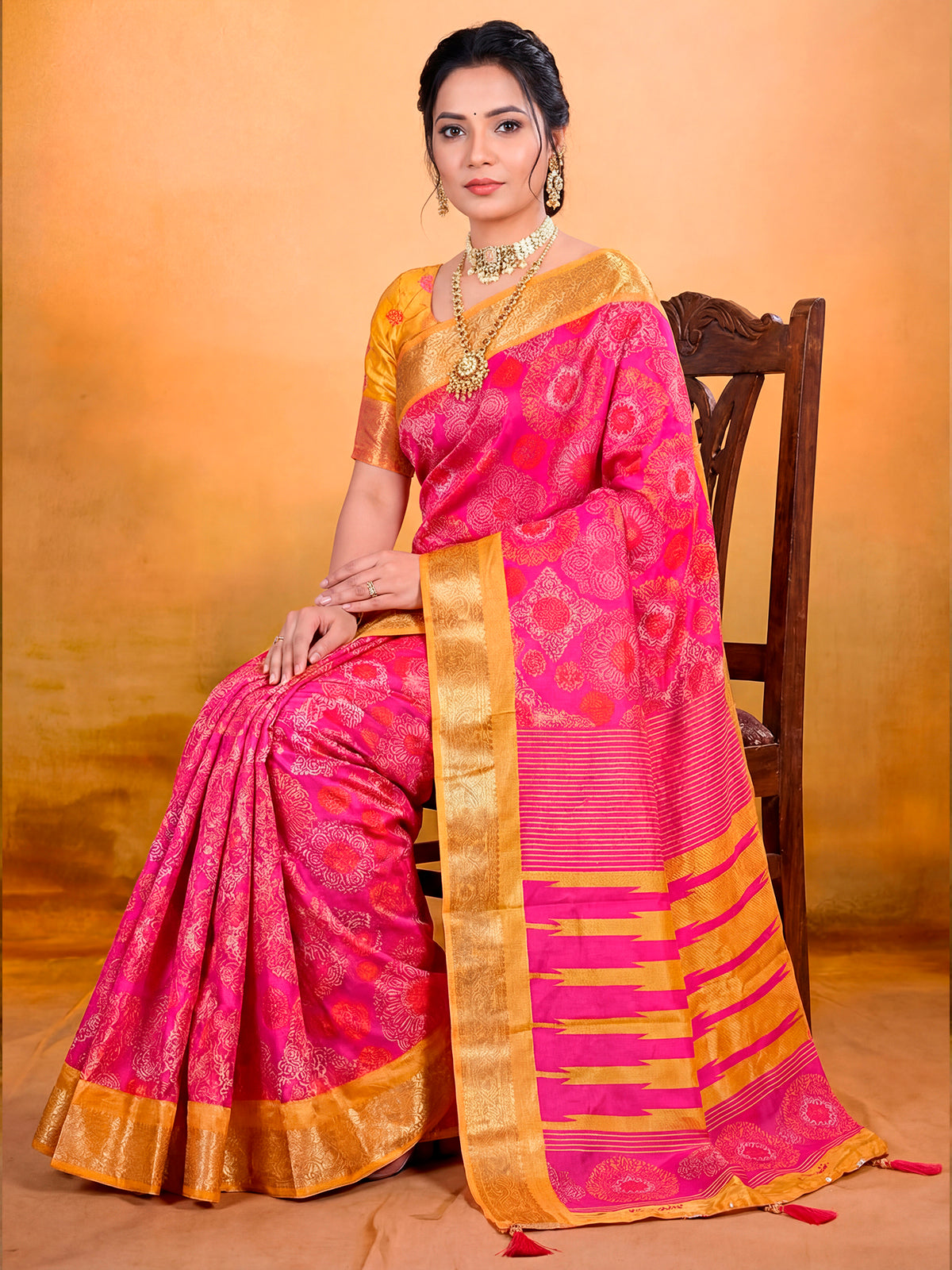 Kashmir Beauty - Rose Pink Printed Soft Silk Saree with Tassels